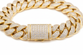 a luxury hiphop style cuban link bracelet made of polished yellow gold, thick and chunky links fully encrusted with small clear diamonds (pave setting). the bracelet feautures a rectangular box clasp in the center, also fully covered in diamonds, with visible safety latch details on the sides. High end jewelry photography realistic metal shine, sharp focus, detailed texture, studio lightning. isolated on a pure white background, no shadows, no text, no props