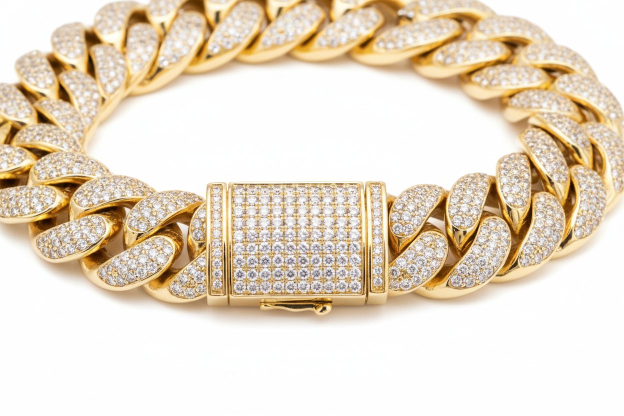 a luxury hiphop style cuban link bracelet made of polished yellow gold, thick and chunky links fully encrusted with small clear diamonds (pave setting). the bracelet feautures a rectangular box clasp in the center, also fully covered in diamonds, with visible safety latch details on the sides. High end jewelry photography realistic metal shine, sharp focus, detailed texture, studio lightning. isolated on a pure white background, no shadows, no text, no props